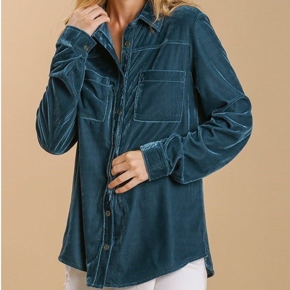 Umgee Tops - Umgee Velvet Button Down Shirt Womens Peacock Teal Blue Shirt C0719 Medium